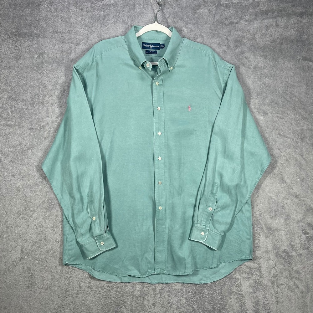 Vintage Ralph Lauren Blake Shirt Mens XL Silk Linen Green Pink Pony Button READ